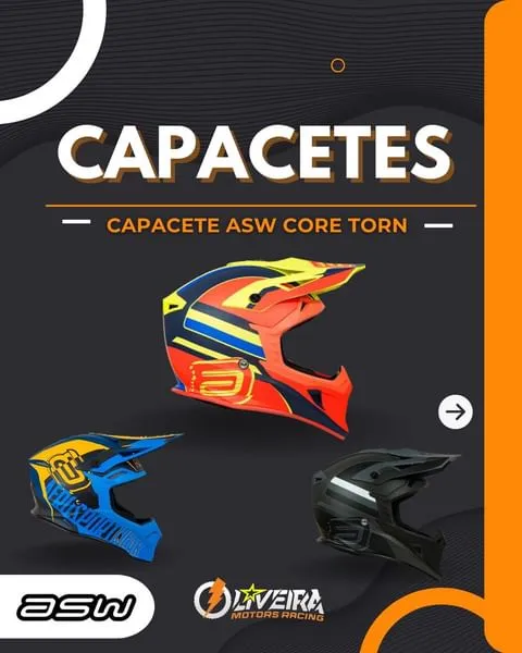 Capacetes ASW Core Torn nas cores azul, laranja e preto – linha off-road da Oliveira Motors Racing