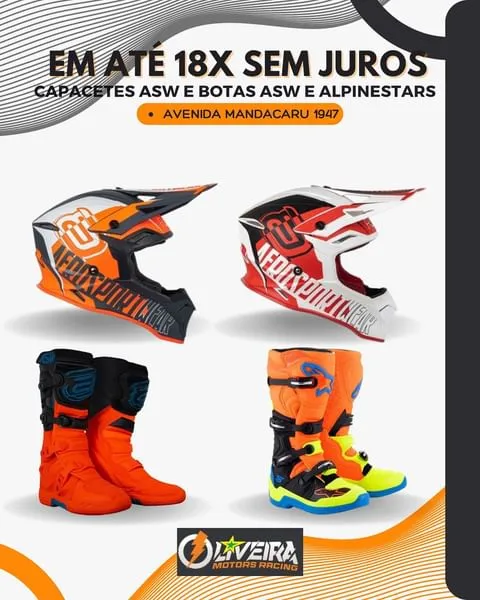 Capacetes e botas ASW e Alpinestars em até 18x sem juros na Oliveira Motors